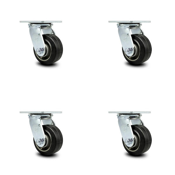 4 Inch Rubber on Aluminum Caster Set with Roller Bearing and Swivel Lock SCC